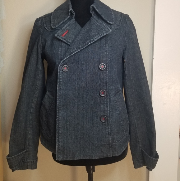 Loft Dark Wash Denim Double Breasted Peacoat - Picture 3 of 9
